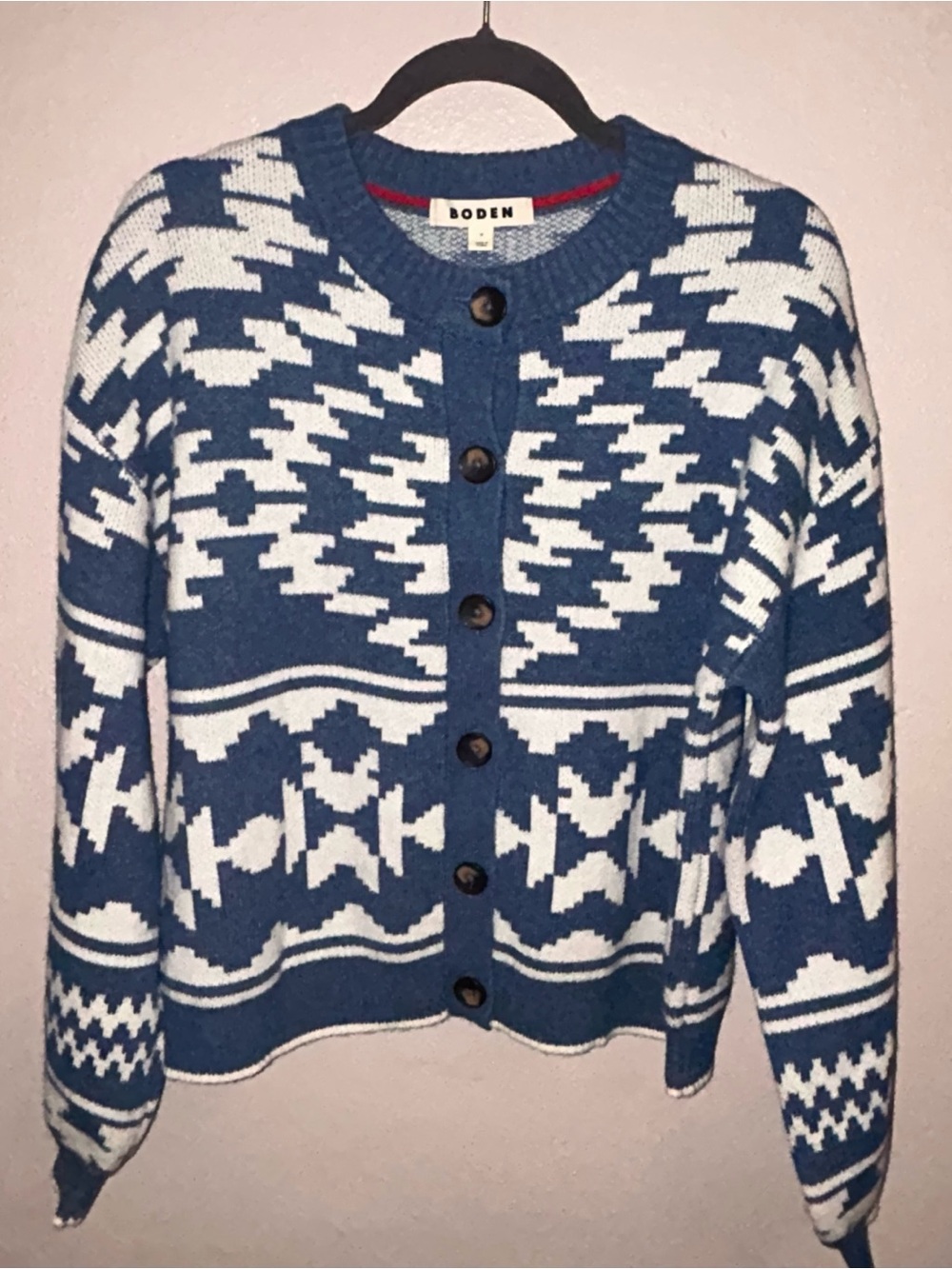 Boden Abi Jacquard aztec fair isle blue Button-Front Patterned Cardigan - Picture 3 of 6
